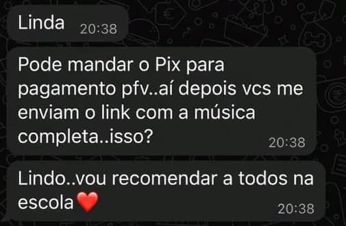 Conversa no WhatsApp com elogio à música, pedido de Pix e intenção de recomendar na escola.